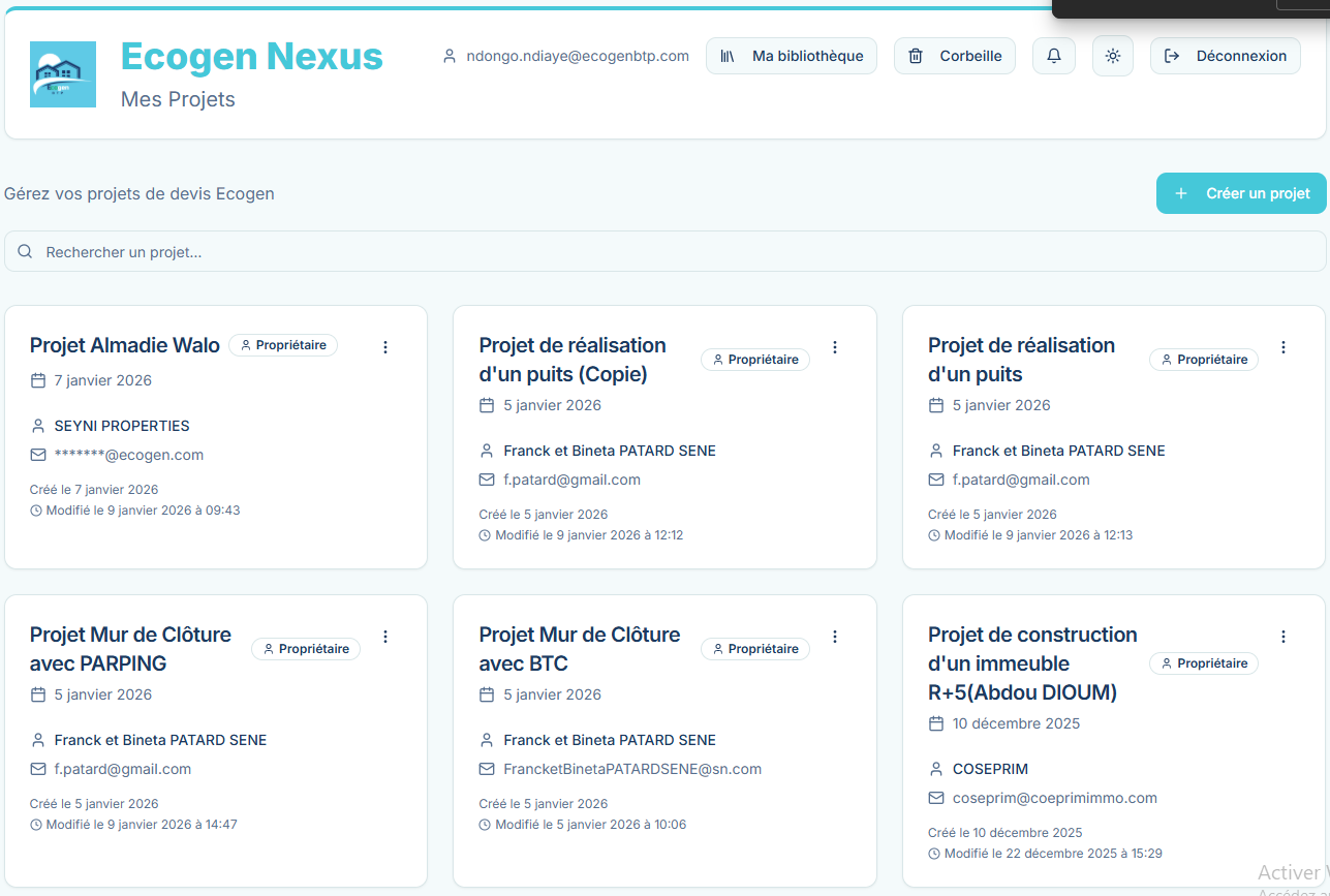 Tableau de bord projets BTP Ecogen Nexus