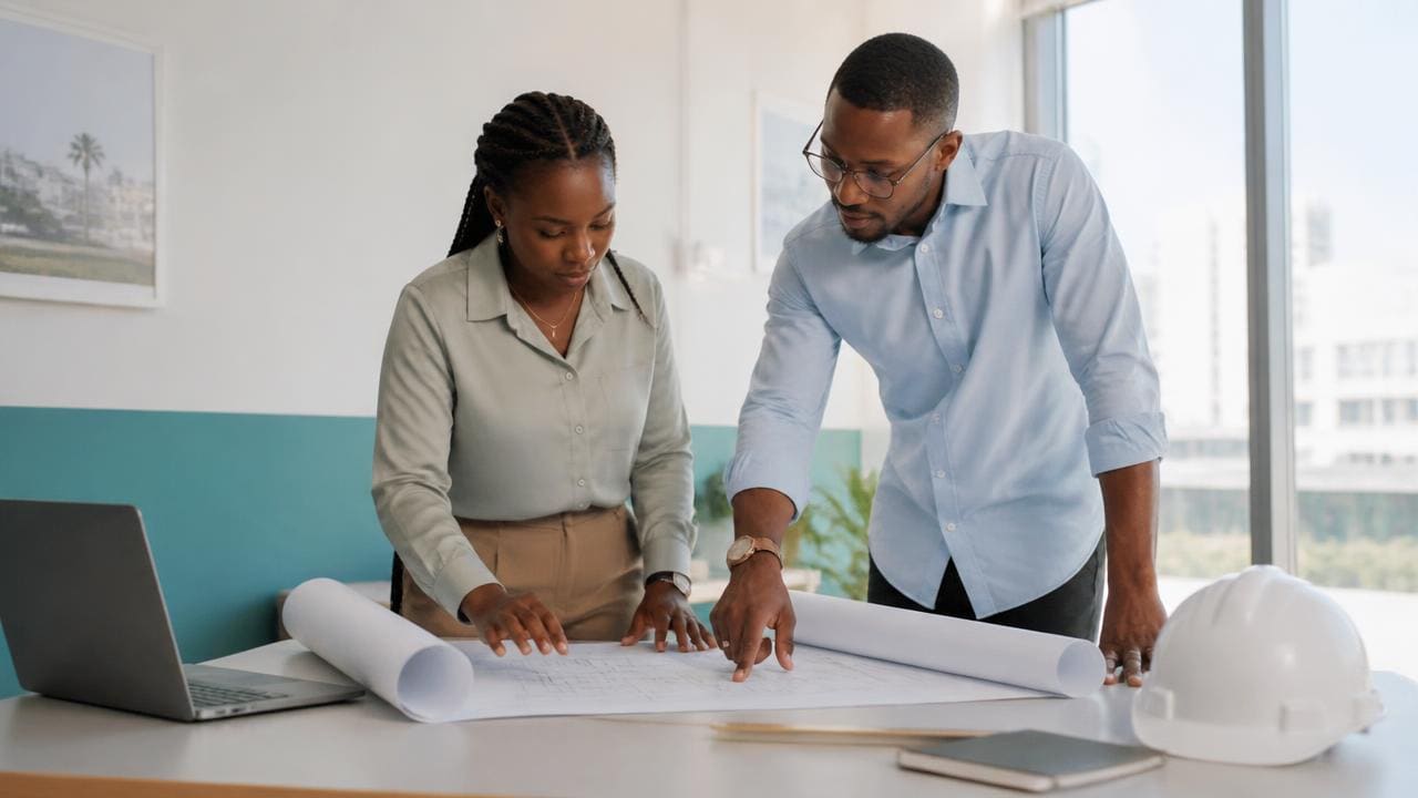 Deux professionnels du bâtiment sénégalais étudient des plans de maison sur un bureau clair, ordinateur portable et casque de chantier posés à côté