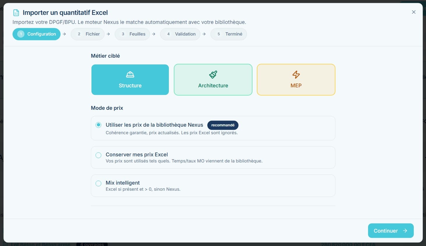 Import d'un quantitatif DPGF Excel dans Ecogen Nexus avec sélection du métier et du mode de prix