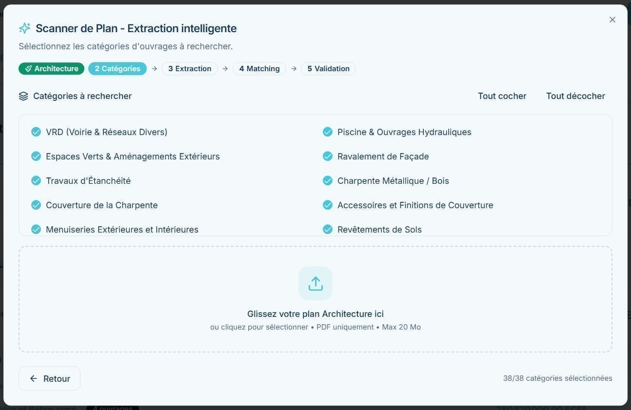 Scan de plan PDF dans Ecogen Nexus avec extraction automatique des surfaces
