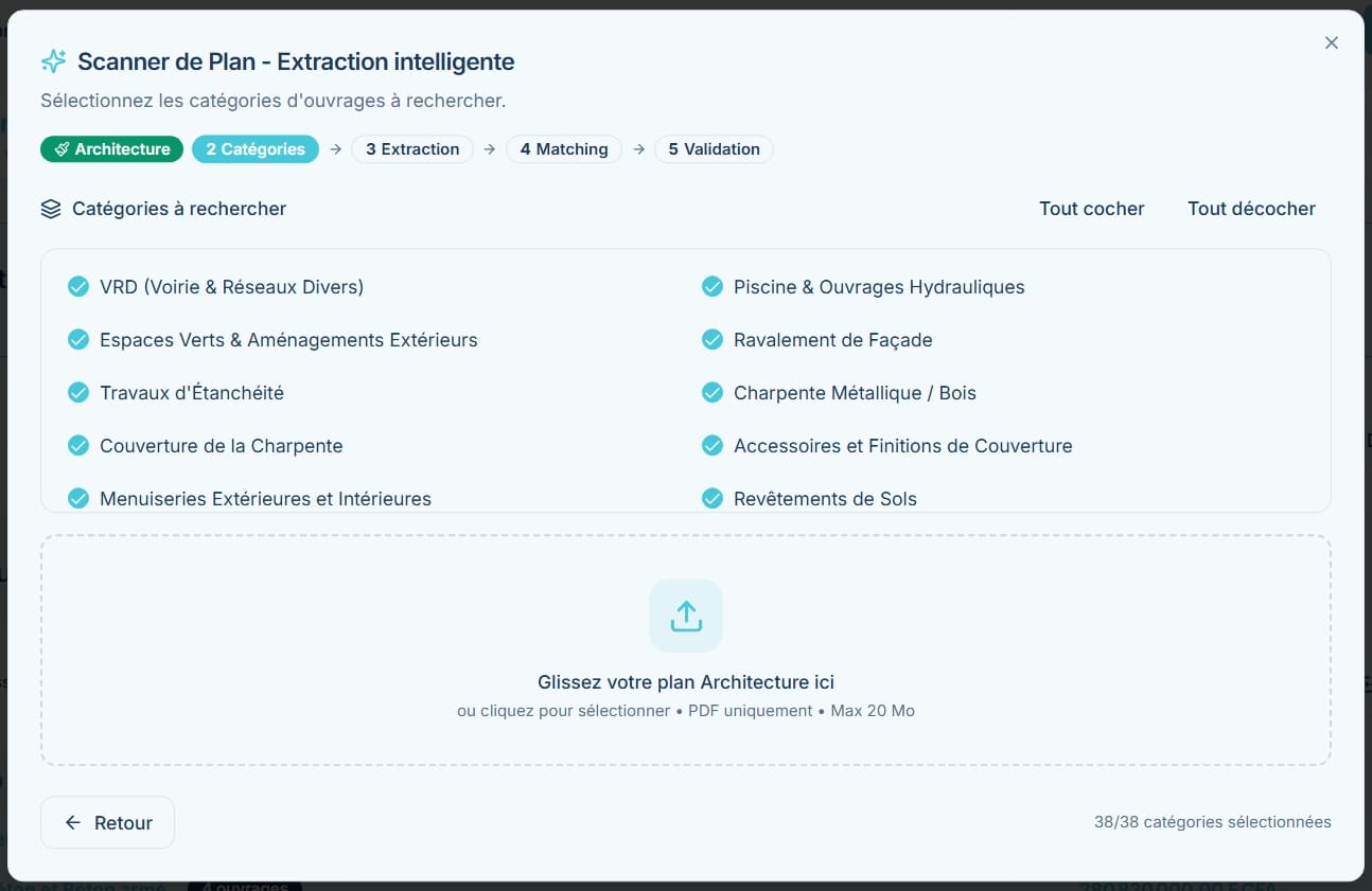 Scan de plan PDF dans Ecogen Nexus avec extraction automatique des surfaces