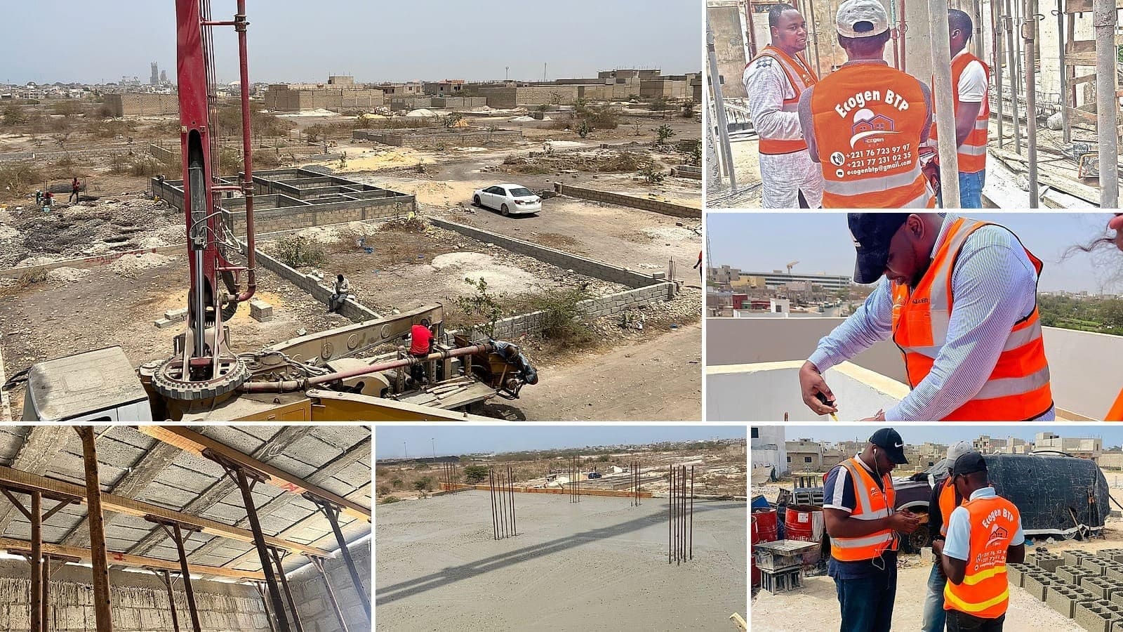 Chantiers Ecogen BTP au Sénégal : coulage de dalle à la pompe à béton, coffrage et étaiement, métré sur acrotère et équipes en gilets Ecogen BTP sur le terrain