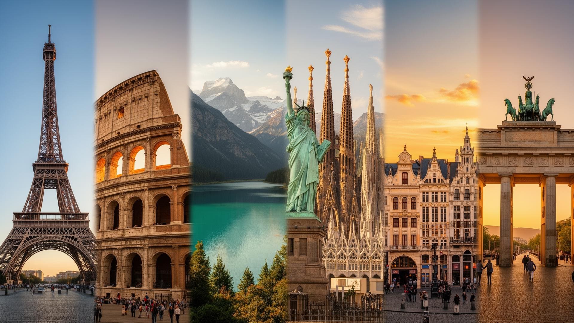 Compilation des monuments emblématiques des 7 pays accompagnés : Tour Eiffel, Colisée, Statue de la Liberté, Lac Moraine, Sagrada Familia, Grand-Place, Porte de Brandebourg
