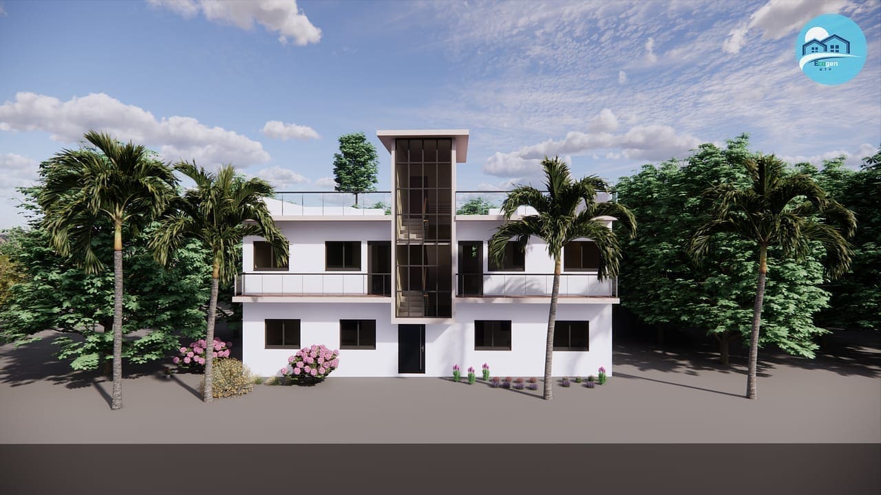 Rendu 3D d'une villa contemporaine insérée sur son terrain au Sénégal