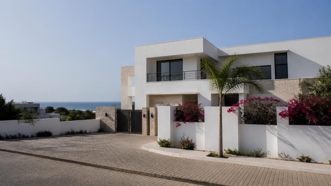 Villa contemporaine livrée dans un quartier résidentiel de Dakar, façade blanche et enduit beige, océan Atlantique à l'arrière-plan