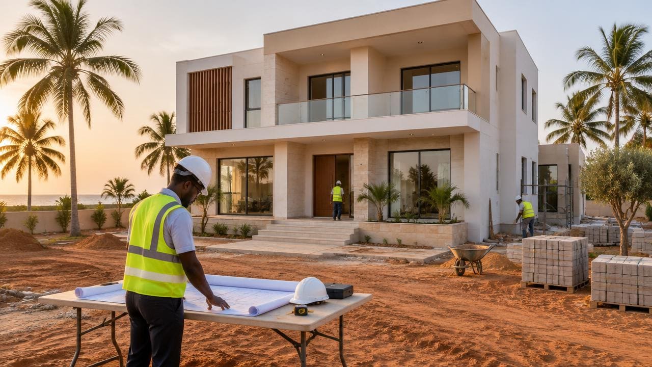 Villa R+1 en fin de chantier à Mbour sur la Petite Côte au Sénégal, façade beige et blanche, chef de chantier consultant les plans