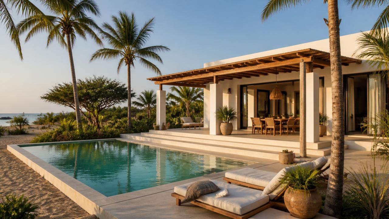 Villa contemporaine avec piscine et terrasse couverte près de Saly sur la Petite Côte au Sénégal, cocotiers et sable fin