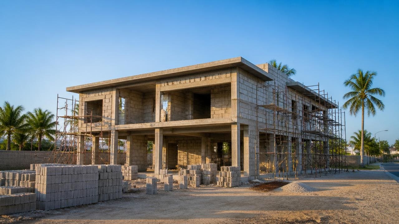 Villa R+1 en cours de construction au Sénégal : structure béton armé, agglos de ciment et échafaudages sur un chantier organisé