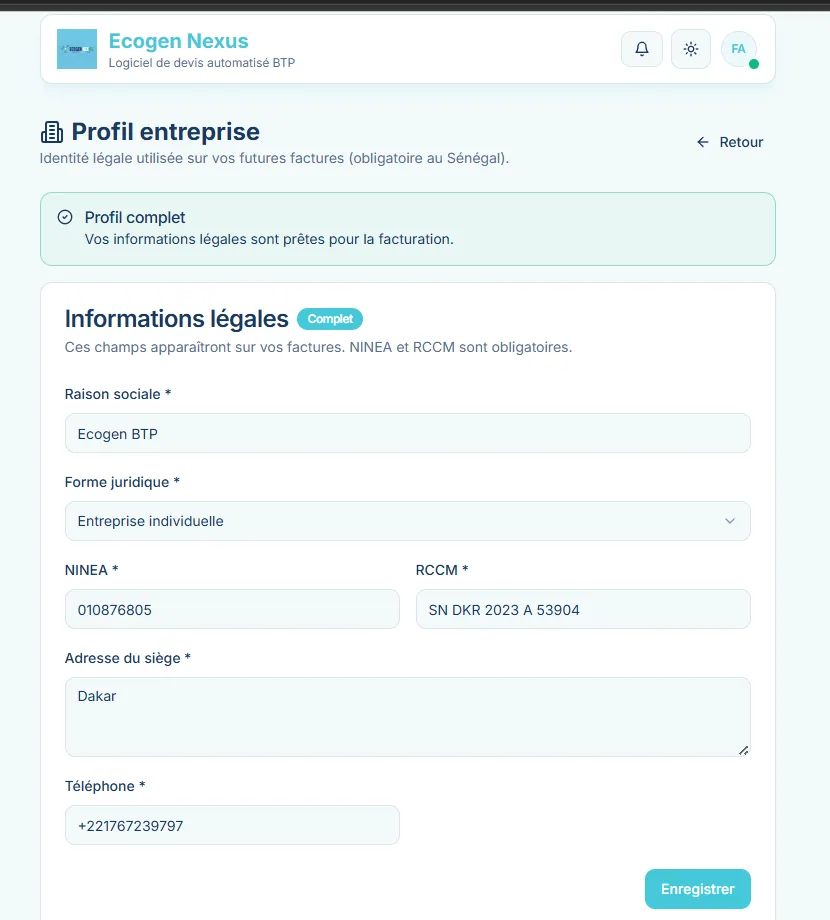 Ecran Ecogen Nexus - Profil entreprise avec NINEA, RCCM, raison sociale et forme juridique pour la facturation BTP au Sénégal