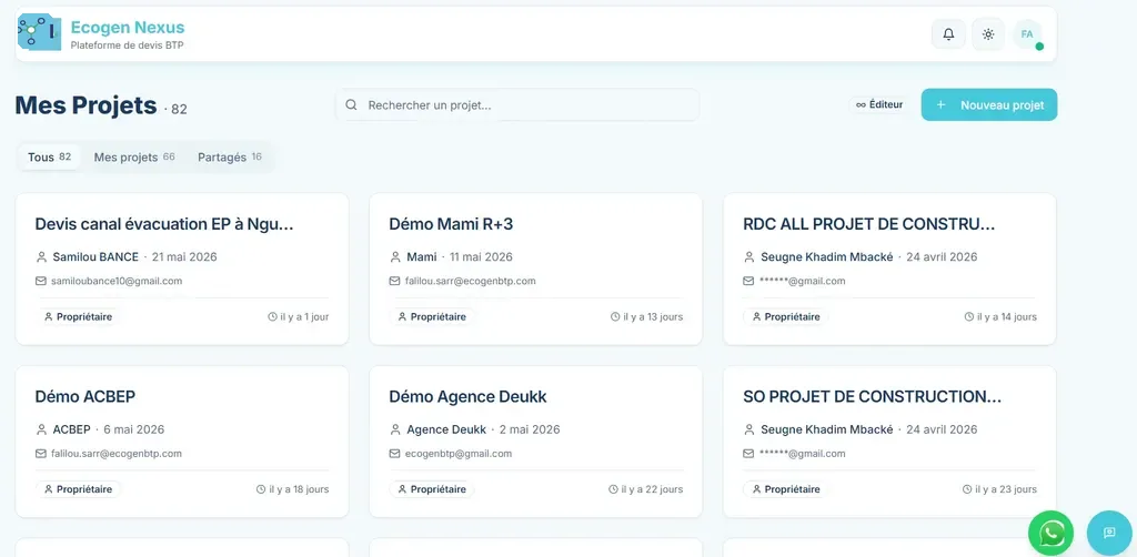 Interface Ecogen Nexus - tableau de bord de chiffrage BTP avec marges et déboursés